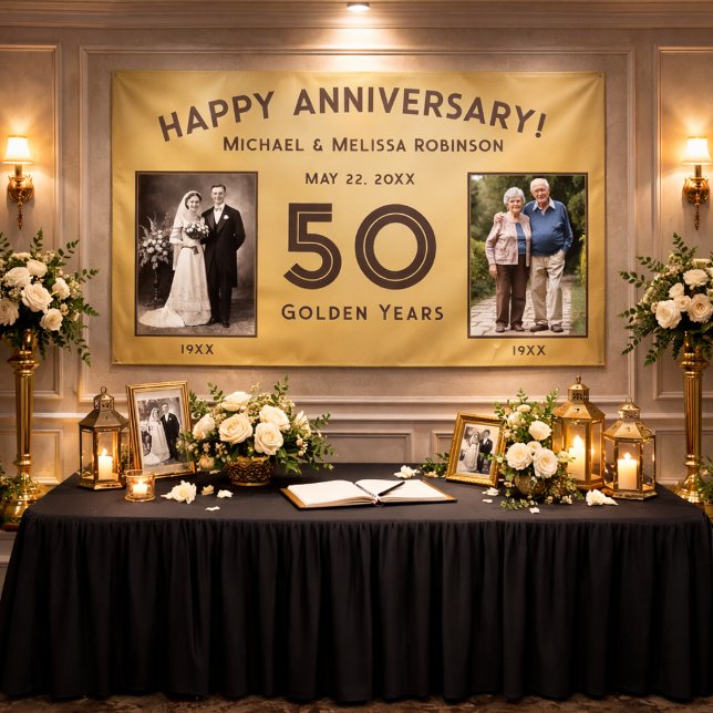 Elegant Gold 50th Wedding Anniversary  Banner (Banner displayed in an intimate restaurant setting.)