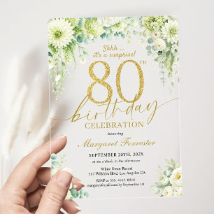 Elegant Gold 80th Birthday Eucalyptus Ivory Floral Acrylic Invitations