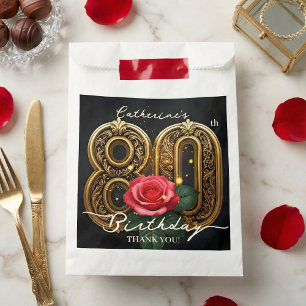 Elegant Gold 80th Birthday Red Rose Floral Black Favour Bag