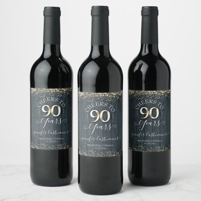 Elégant Gold 90th Birthday Script Étiquette de vin (Bouteilles)