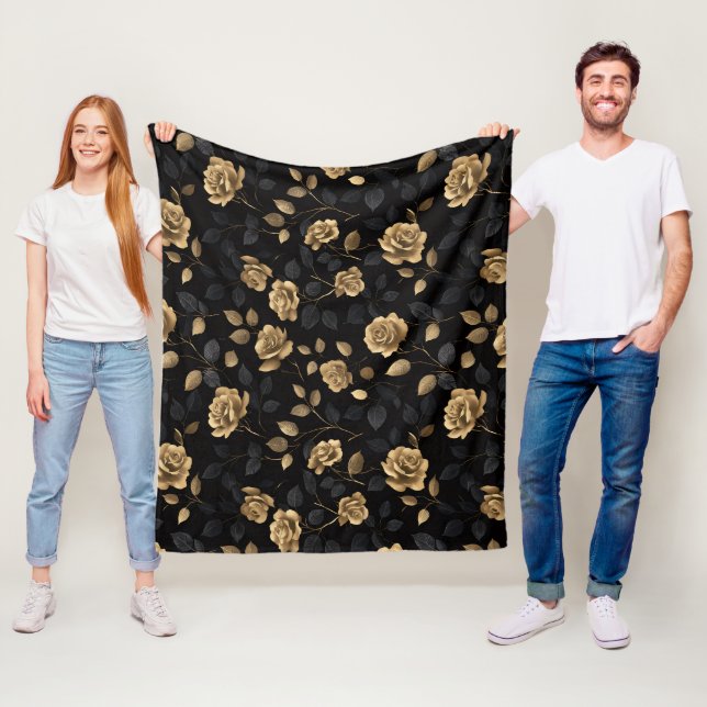 Elegant Gold Accent Rose Black Floral Pattern Fleece Blanket (In Situ)