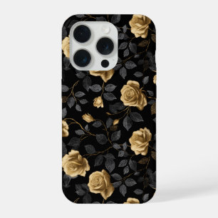Elegant Gold Accent Rose Black Floral Pattern iPhone 15 Pro Case