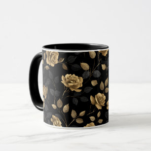 Elegant Gold Accent Rose Black Floral Pattern Mug