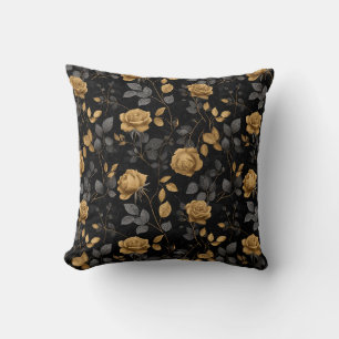 Elegant Gold Accent Rose Black Floral Pattern Throw Pillow