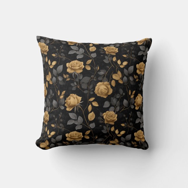 Elegant Gold Accent Rose Black Floral Pattern Throw Pillow (Front)
