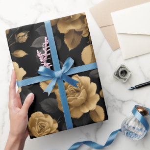 Elegant Gold Accent Rose Black Floral Pattern Wrapping Paper