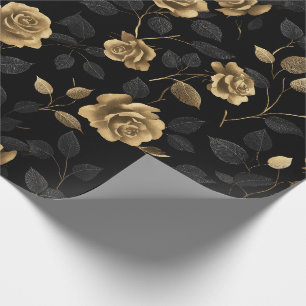 Elegant Gold Accent Rose Black Floral Pattern Wrapping Paper