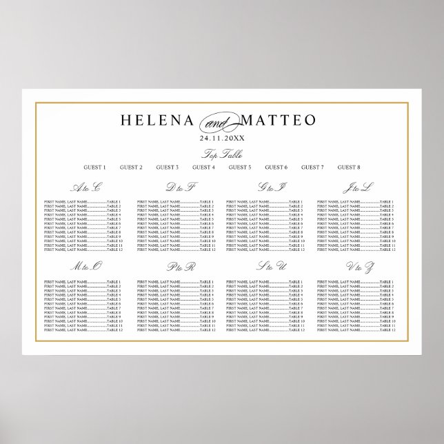 Elegant Gold Alphabetical Wedding Seating Chart (Front)