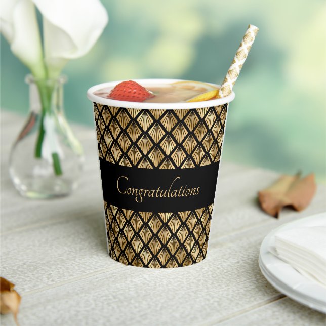 Elegant Gold and Black Art Deco Geometric Fans  Paper Cups (Insitu)