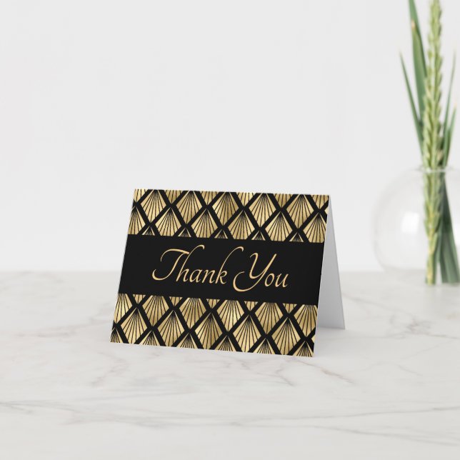 Elegant Gold and Black Art Deco Geometric Fans  Thank You Card (Front)