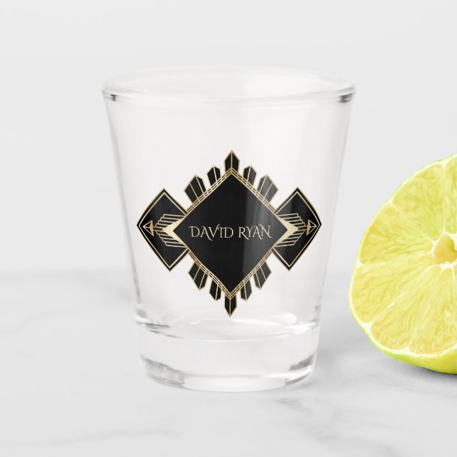 Elegant Gold and Black Art Deco Monogram Shot Glass (Front)