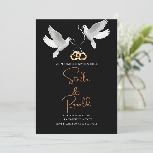 Elegant Gold and Black Background White Pigeons  Invitation (Standing Front)