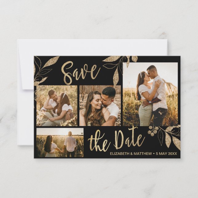 Elegant Gold and Black Botanical Photo Collage Sav Save The Date (Front)