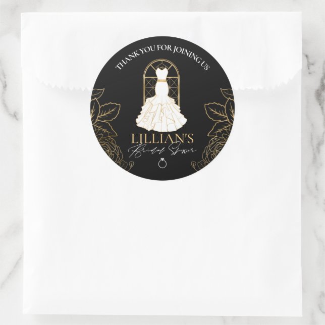 Elegant Gold and Black Bridal Dress Bridal Shower Classic Round Sticker (Bag)