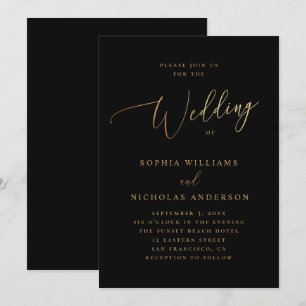 Elegant gold and black classic script wedding invitation