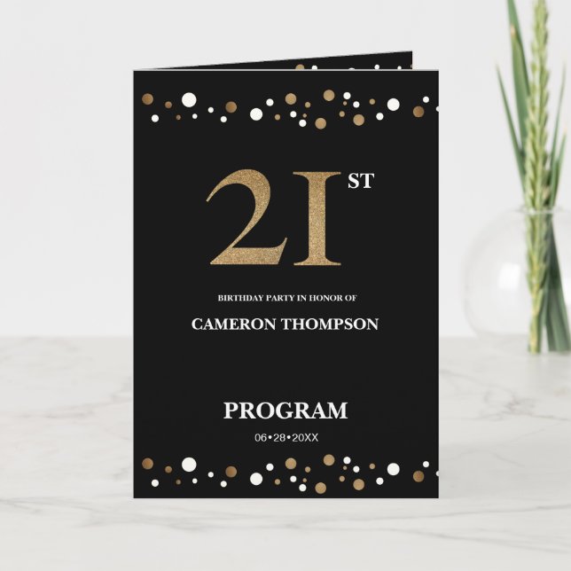 Elegant Gold and Black Confetti 21ST birthday Program (Front)