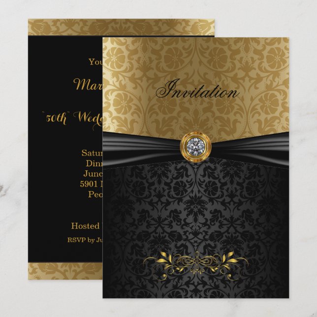 Elegant Gold and Black Damask Invitation (Front/Back)