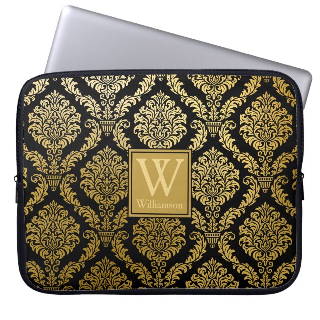 Elegant Gold and Black Damask Print Personalized Laptop Sleeve (Front)