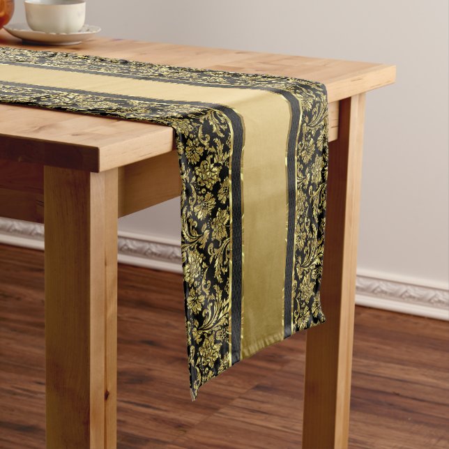 Elegant Gold And Black Damasks & Stripes Short Table Runner (In Situ)