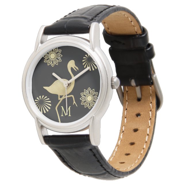 Elegant Gold and Black Flamingo Art Monogram Watch (Angled)