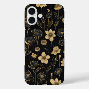 Elegant Gold and Black Floral Pattern iPhone 16 Plus Case