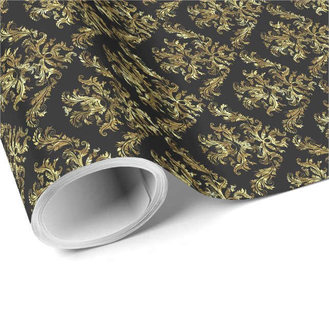 Elegant Gold And Black Floral Pattern Wrapping Paper (Roll Corner)