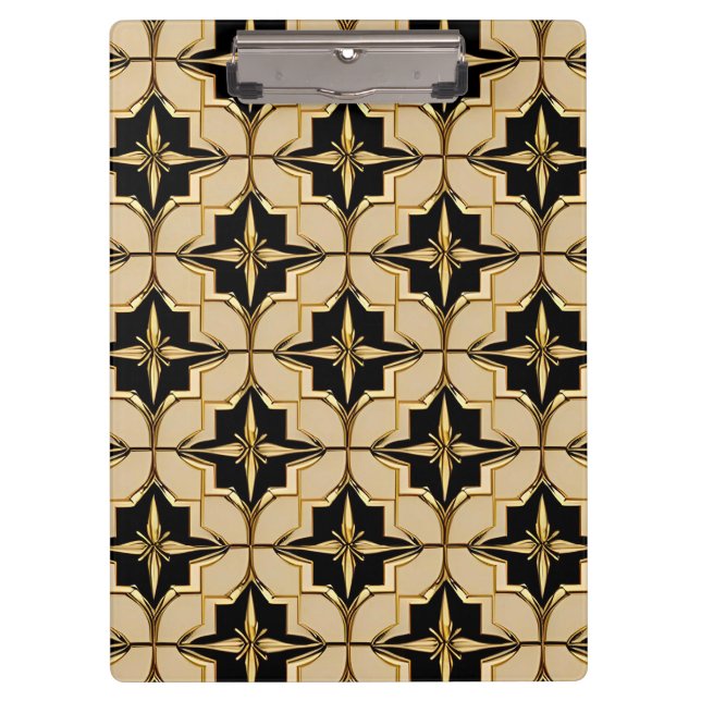 Elegant Gold and Black Geometric Pattern Clipboard (Front)