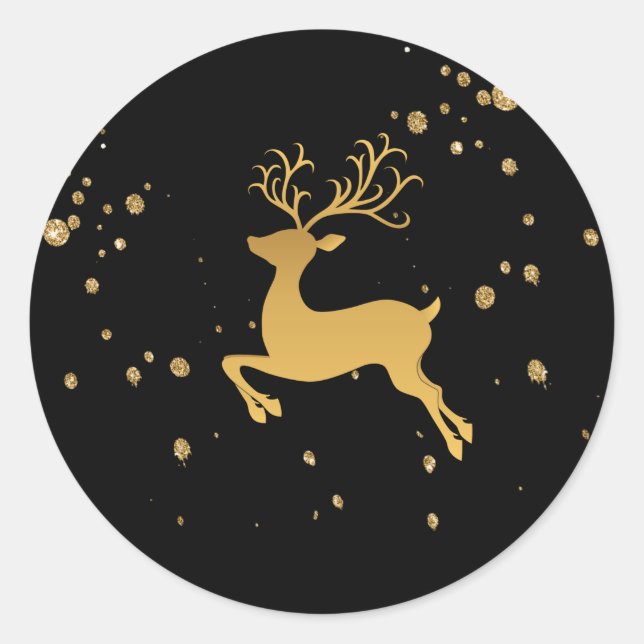 Elegant Gold and Black Glitter Rudolph    Classic Round Sticker (Front)