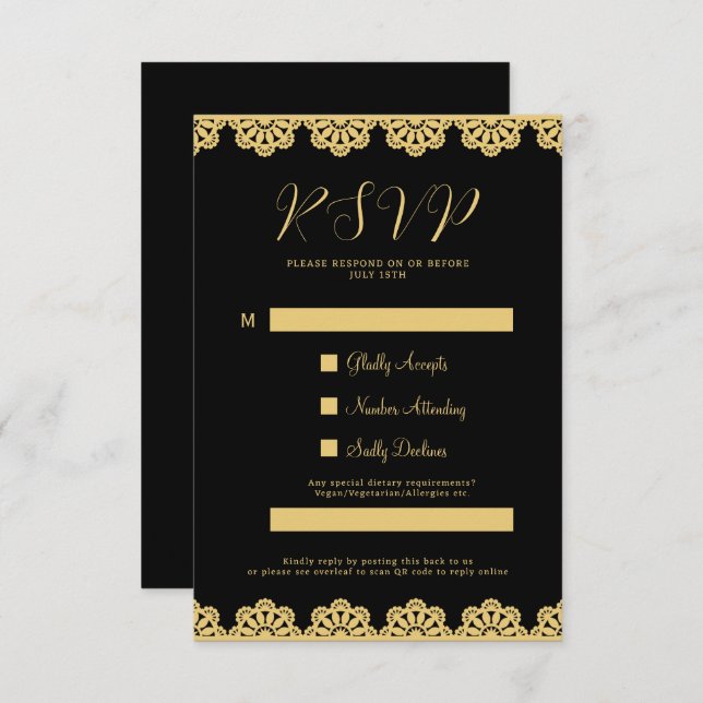 Elegant Gold and Black Islamic QR Code RSVP Card (Front/Back)
