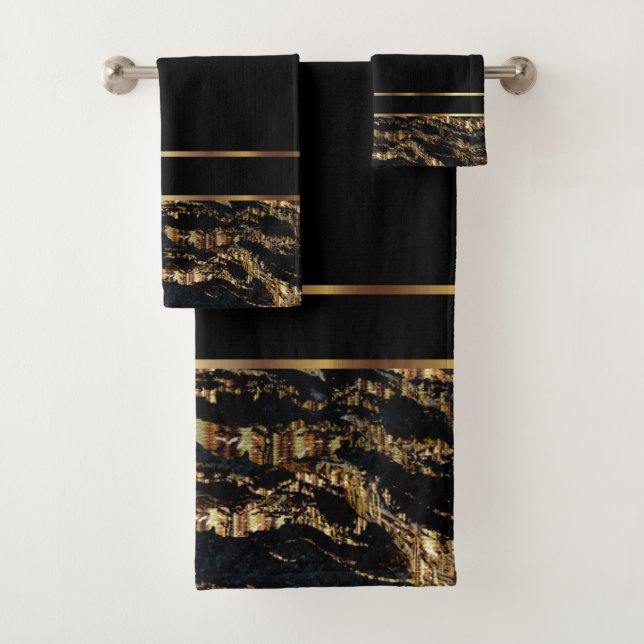 Elegant Gold and Black Marble Bath Towel Set (Insitu)