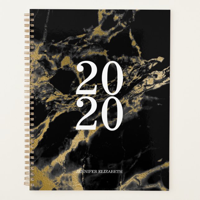 Elegant Gold and Black Marble Year Planner (Front)