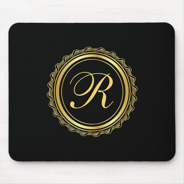 Elegant Gold and Black Medallion Monogram Mouse Pad (Front)