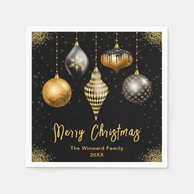 Elegant Gold and Black Ornament Christmas Napkin (Front)