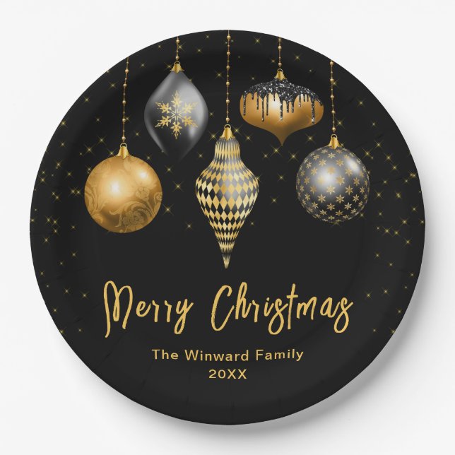 Elegant Gold and Black Ornament Christmas Paper Plate (Front)