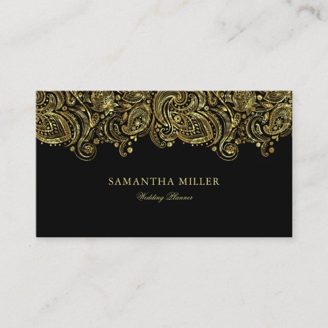 Elegant Gold And Black Paisley Wedding Planner Business Card (Front)