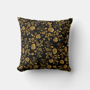 Elegant Gold and Black Rose Throw Pillow