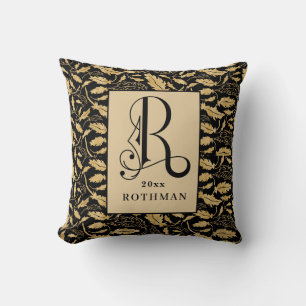 Elegant Gold and Black Scroll Typorgraph Monogram Throw Pillow