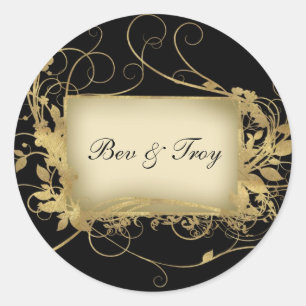 Elegant gold and black swirl design - customize it classic round sticker