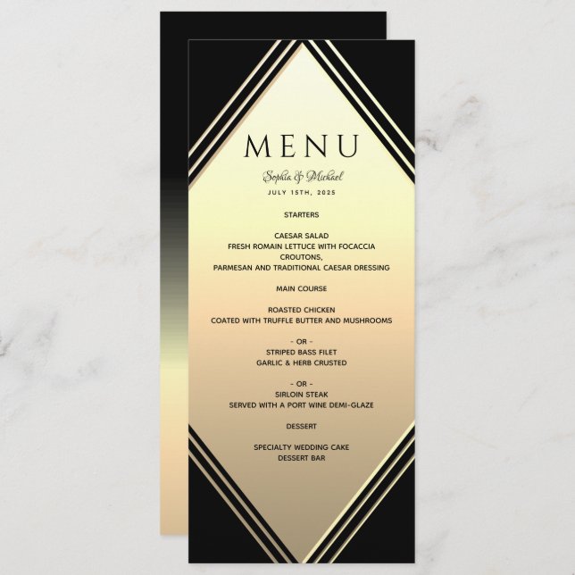 Elegant Gold and Black Wedding Menu (Front/Back)