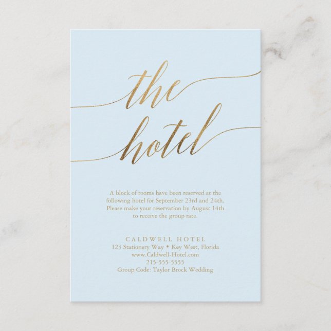 Elegant Gold and Blue Calligraphy Hotel Enclosure Card (Front)
