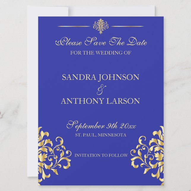 Elegant Gold and Blue Damask Save The Date (Front)
