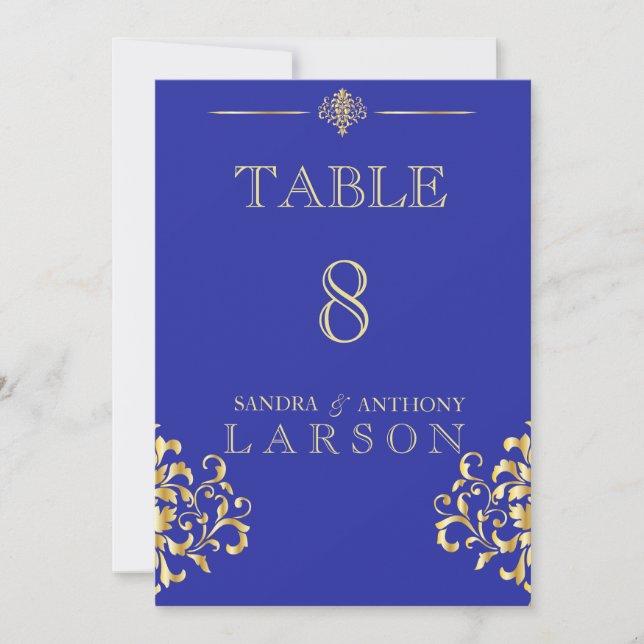 Elegant Gold and Blue Damask Table Numbers (Front)