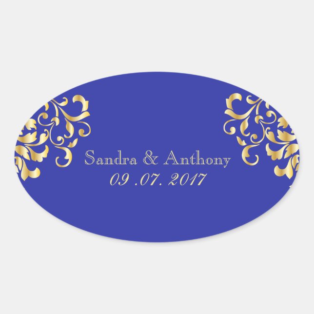 Elegant Gold and Blue Damask Wedding Stickers (Front)