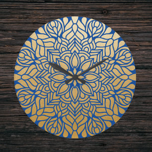 Elegant Gold and Blue Floral Mandala Large Clock