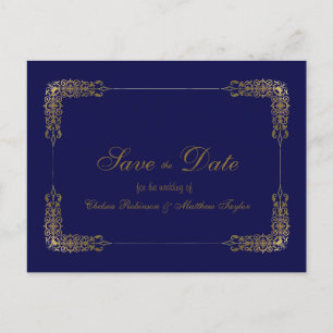 Elegant Gold and Blue Lace Save the Date Postcard