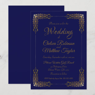 Elegant Gold and Blue Lace Wedding Invitation