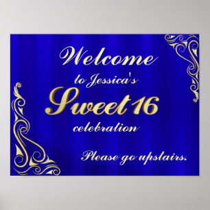 Elegant Gold and Blue Sweet 16 Welcome Sign