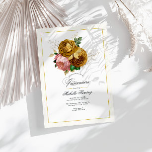 Elegant Gold and Blush Floral Quinceañera Photo Invitation