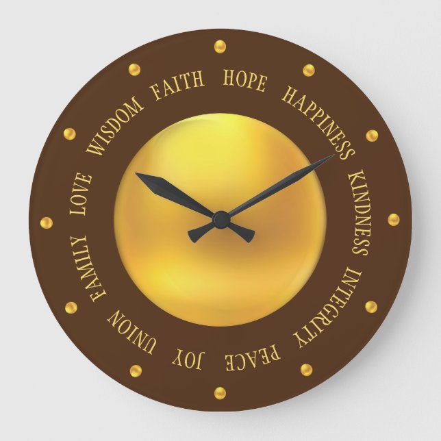 Elegant Gold and Brown Good Vibes Large Clock (Front)