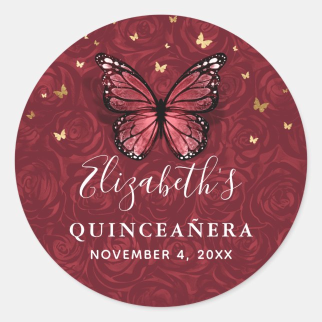 Elegant Gold and Burgundy Butterfly Quinceanera Classic Round Sticker (Front)